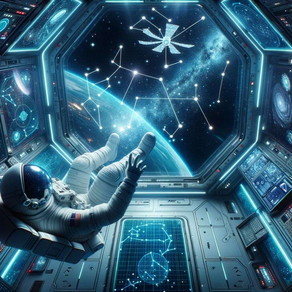 an astronaut, a hologram projection